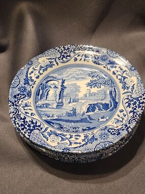 Spode Blue Italian 6-1/8" Bread Plates England Blue & White Scalloped Rim Set of